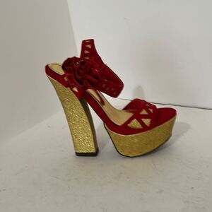 Glam Liliana Red Velvet  Glitter Gold High Heel Platform Sandals  Rosettes  6
